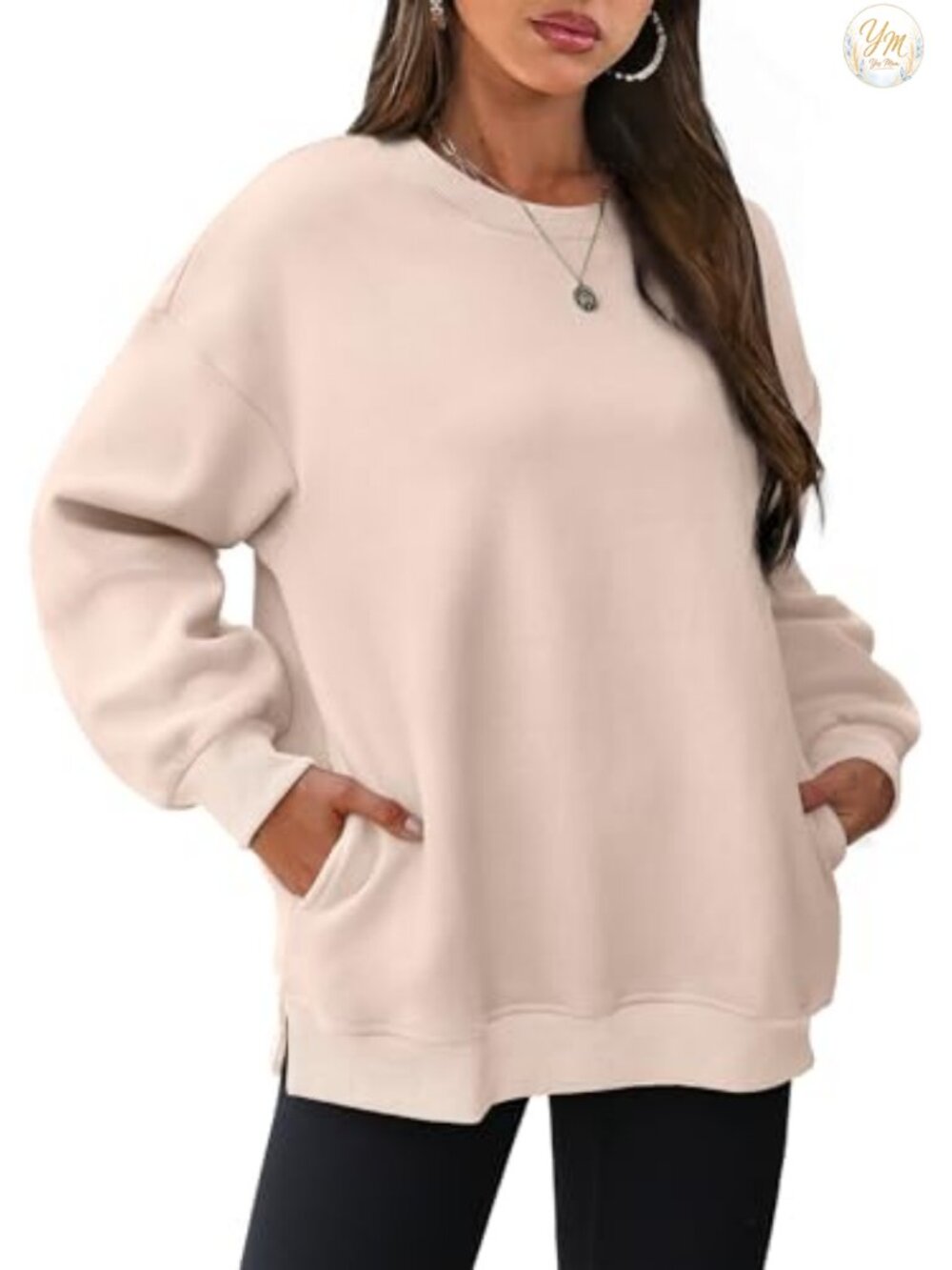 Oversized Crewneck Fleece Pullover Sweatshirt with Kangaroo Pocket & Side Slits